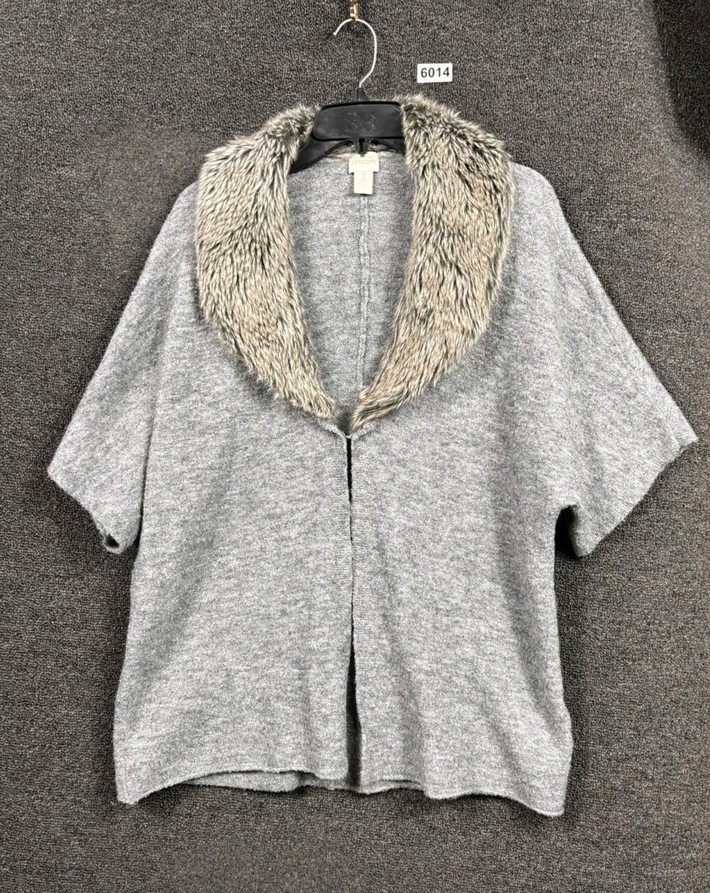 Chico's Wool Blend Sweater Jacket Womens Size 2 US L Gray Knit Faux Fur Collar